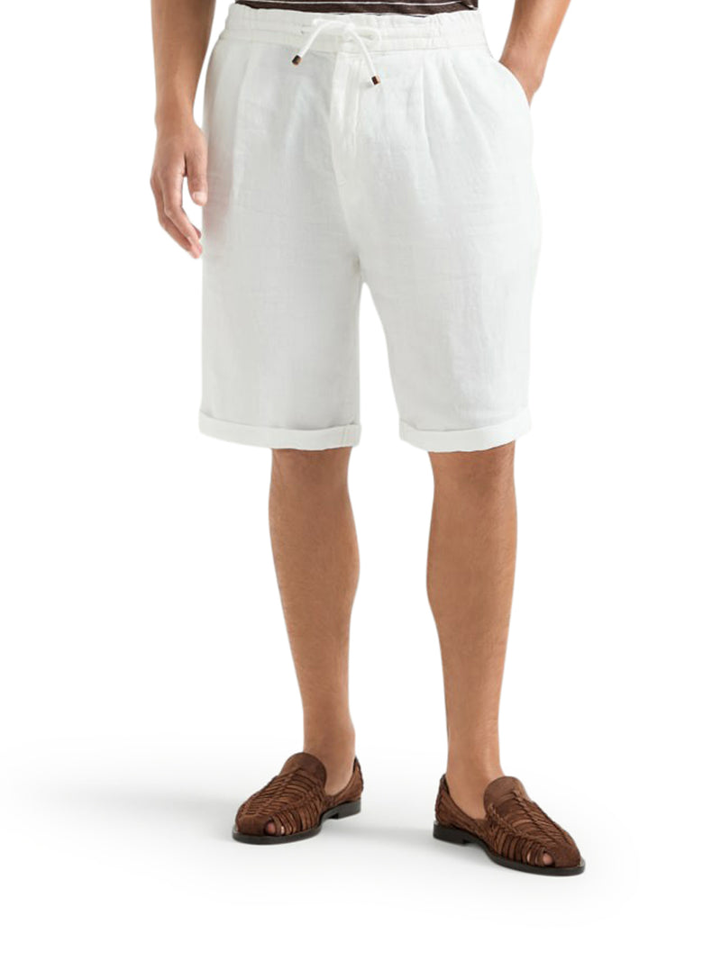 GARMENT DYED LINEN GABARDINE BERMUDA SHORTS WITH DRAWSTRING AND DARTS