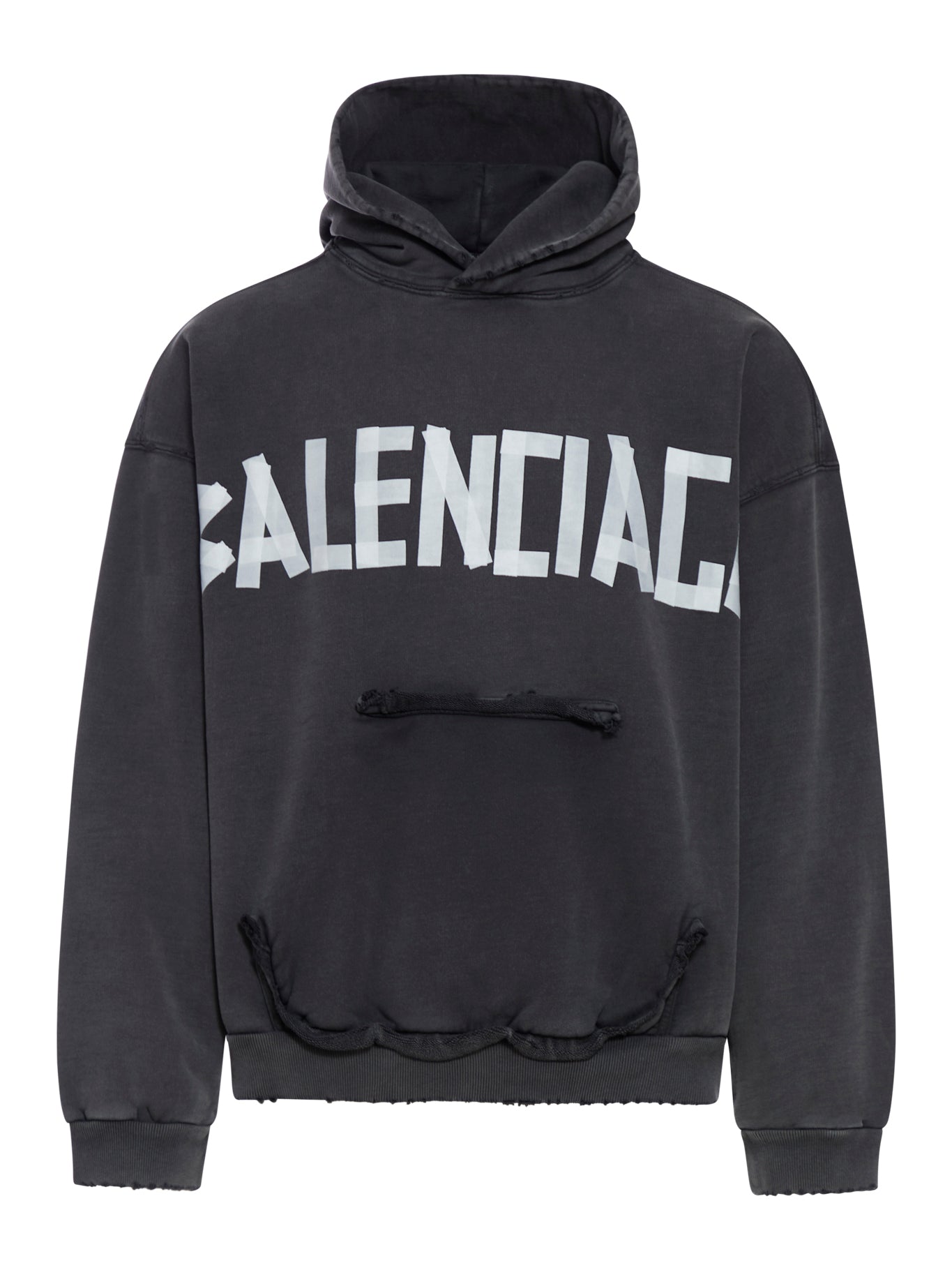 MEN`S TAPE TYPE RIPPED POCKET HOODIE IN BLACK FADED