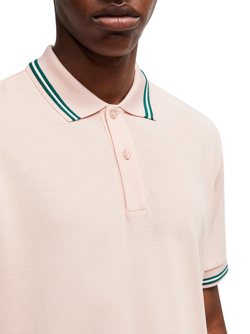 STRIPED TRIM COTTON PIQUET POLO SHIRT