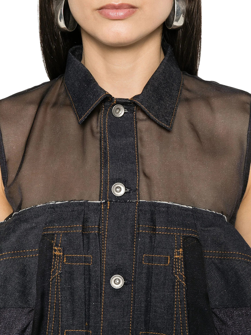 DENIM SHIRT WITH TRANSPARENT FABRIC INSERTS