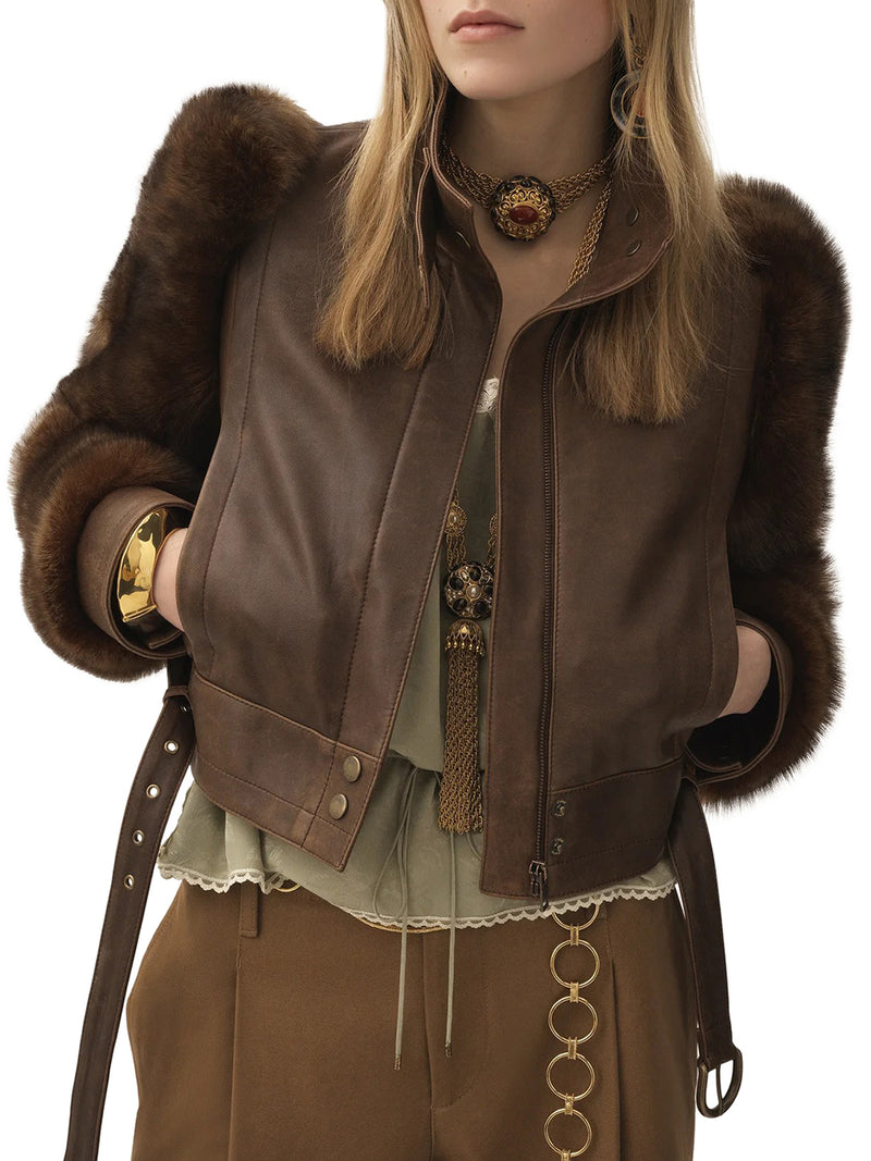 SHORT HIGH-NECK LEATHER JACKET