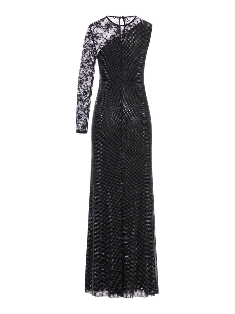 DRESS WITH RHINESTONE AND LACE SLEEVES