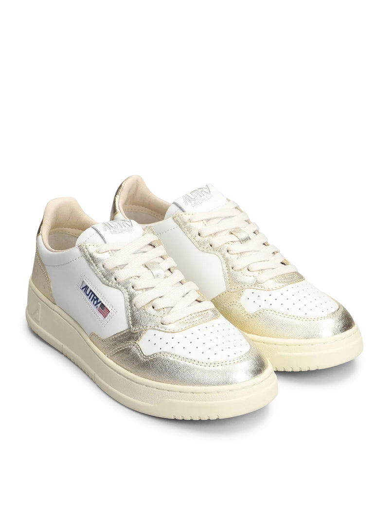 MEDALIST LOW BICOLOR SNEAKERS IN WHITE AND PLATINUM METALLIC LEATHER