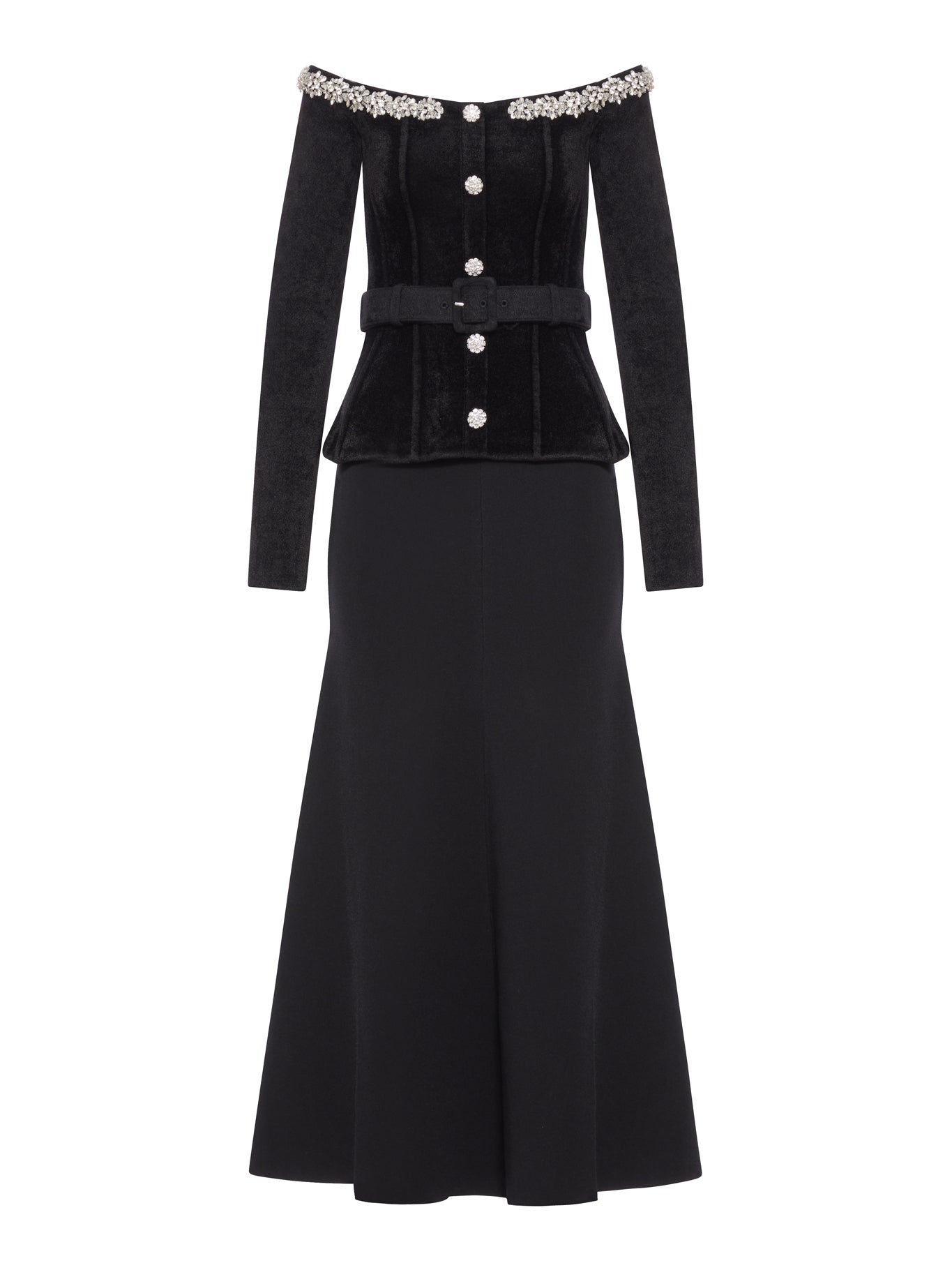 BLACK CHENILLE KNIT CRYSTAL TRIM MIDI DRESS