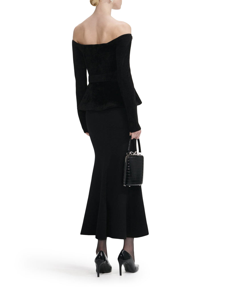 BLACK CHENILLE KNIT CRYSTAL TRIM MIDI DRESS