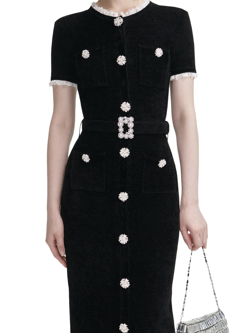 BLACK CHENILLE KNIT MIDI DRESS