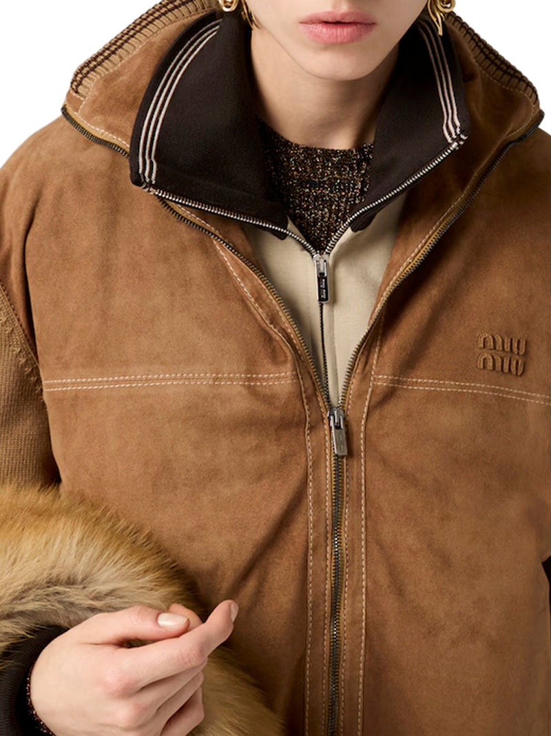 WOOL AND LEATHER CARDIGAN WITH ZIP