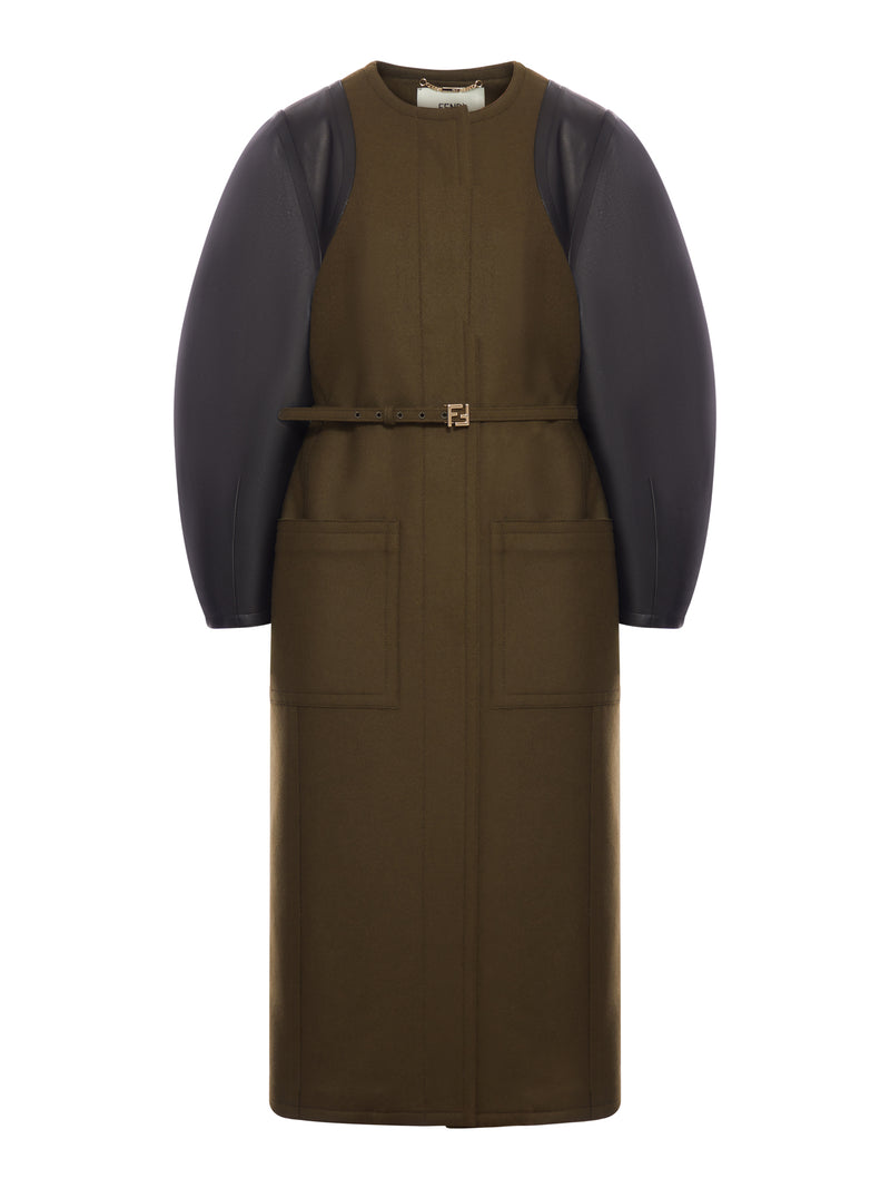 GREEN WOOL AND LEATHER COAT