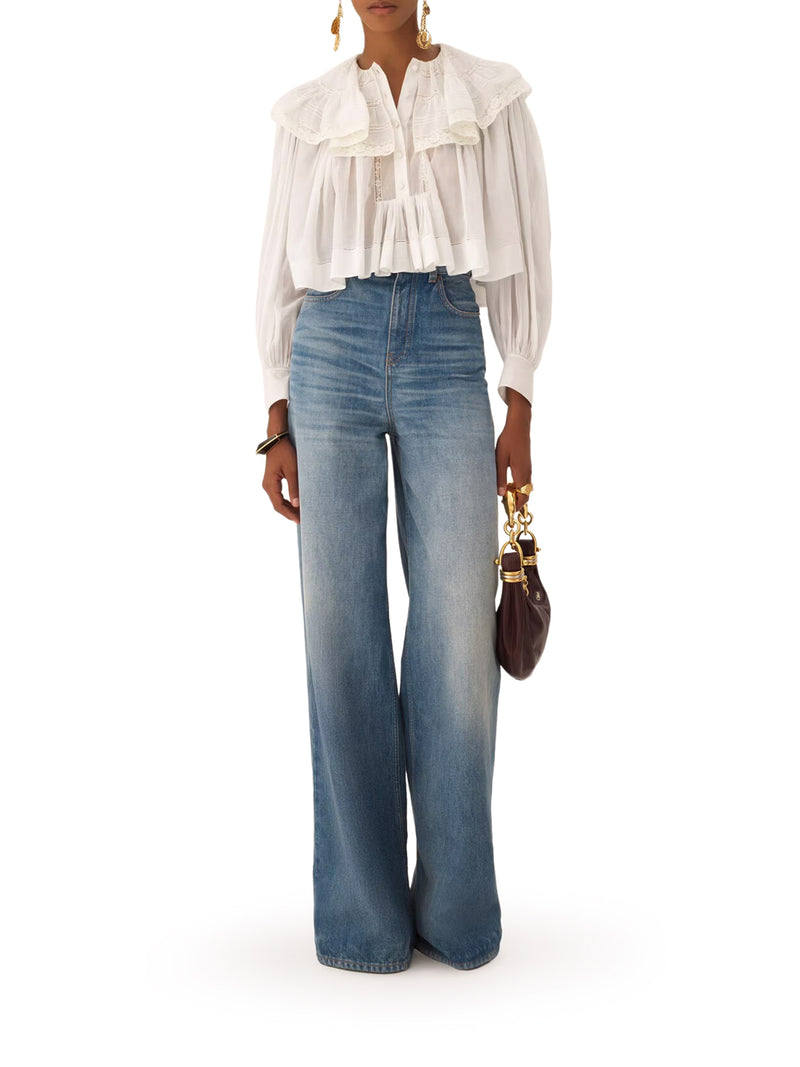 WHITE COTTON BLOUSE WITH RUFFLES AND LACE DETAILS