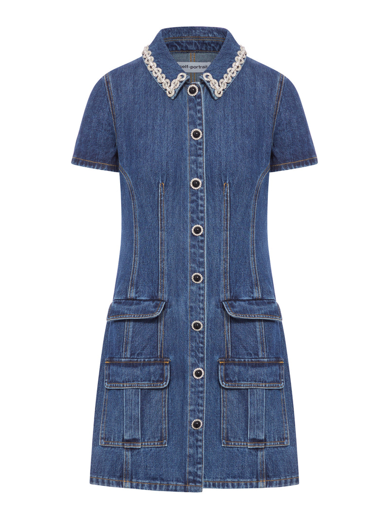 DENIM MINI DRESS WITH JEWEL APPLICATIONS