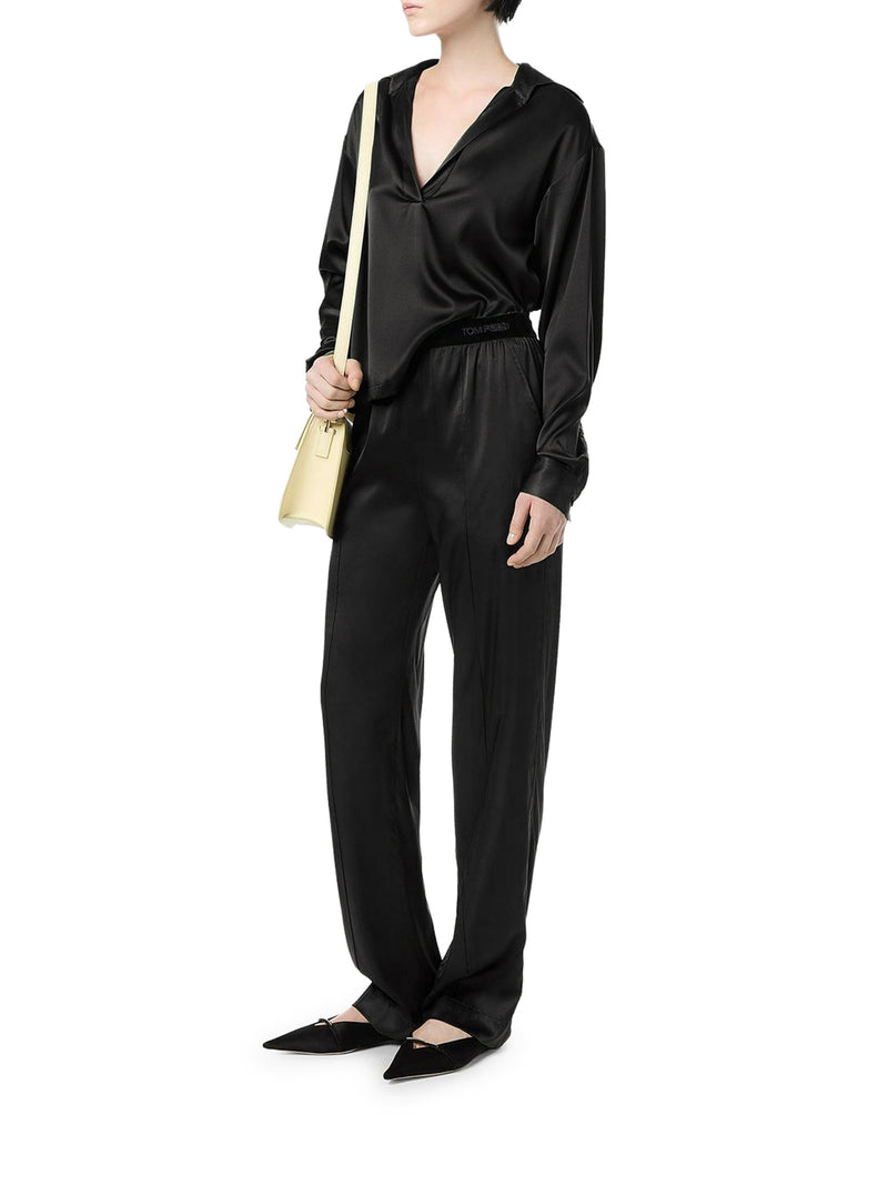BLACK STRETCH SILK SATIN TROUSERS