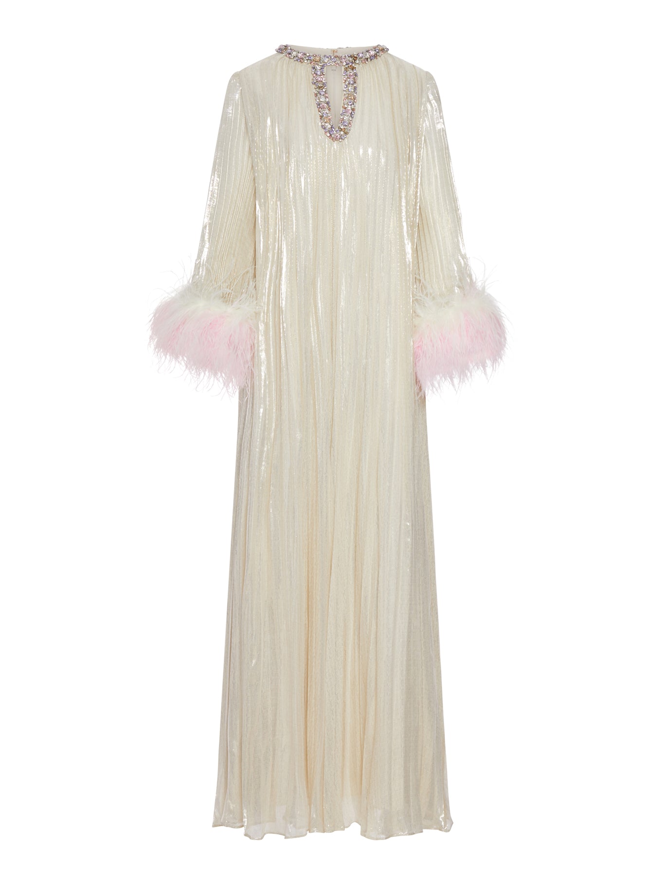 LONG METALLIC DRESS WITH FEATHERS