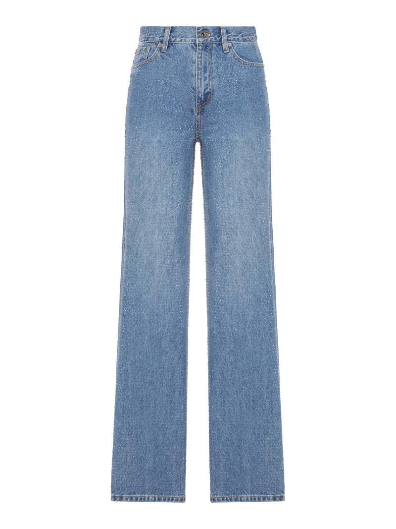 STRAIGHT LEG DENIM JEANS WITH RHINESTONE
