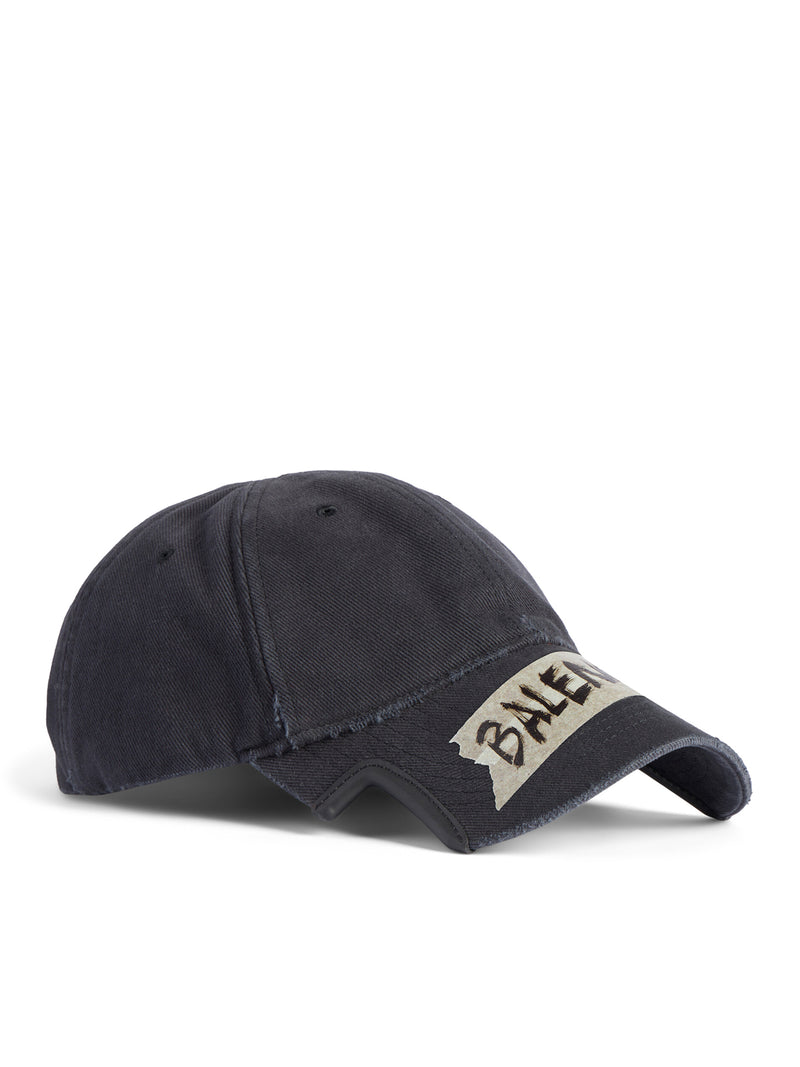 BLACK COTTON DRILL MASKING TAPE CAP WITH A WASHED EFFECT