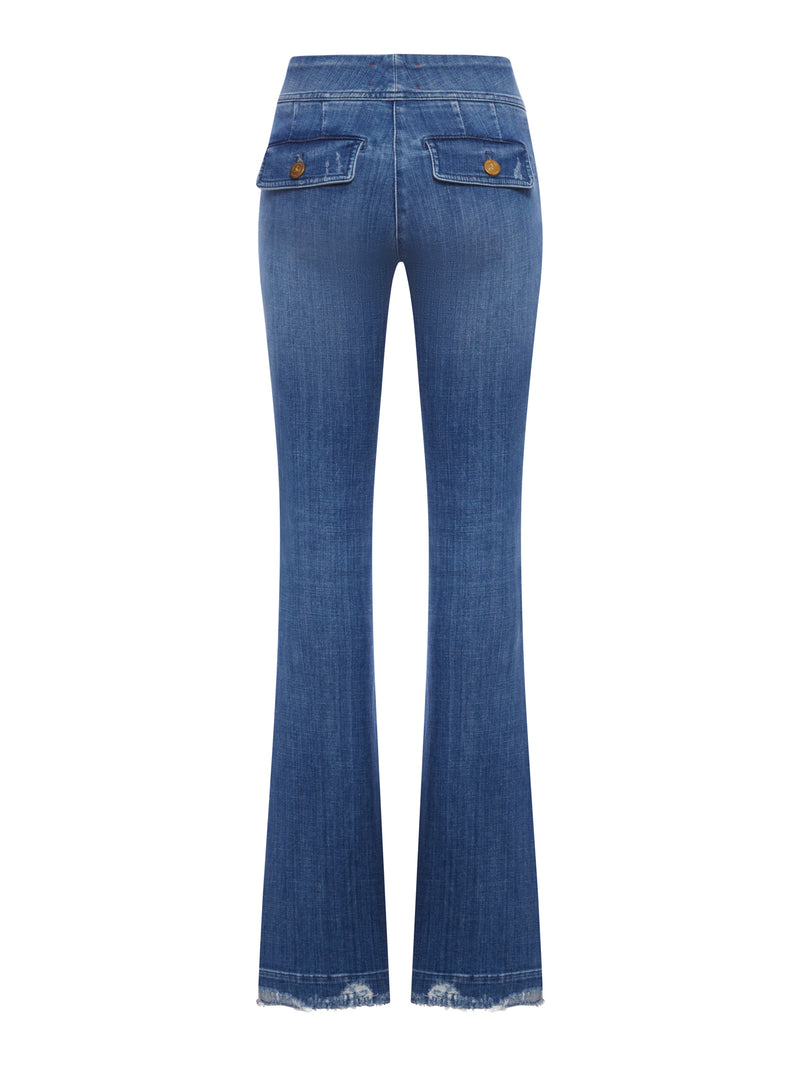 ANAIS FLARE JEANS WITH GOLD BUTTONS AND FRINGED HEM