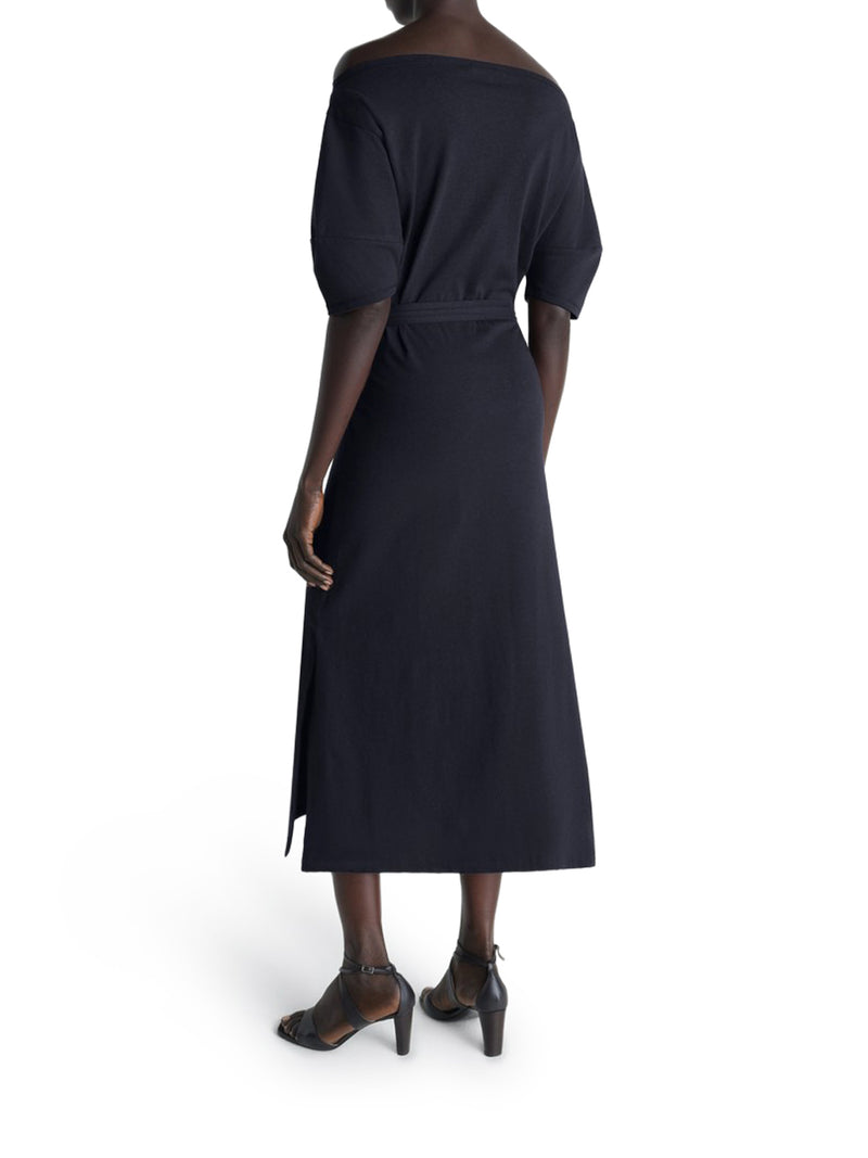 OFF-SHOULDER DRESS IN HEAVY LINEN AND COTTON JERSEY