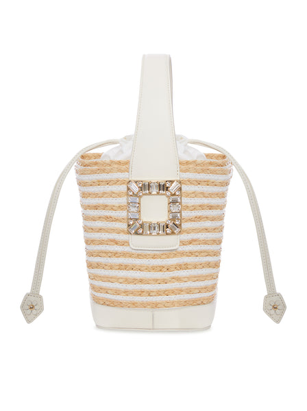 STRIPED RAFFIA BUCKET BAG WITH JEWEL BUCKLE