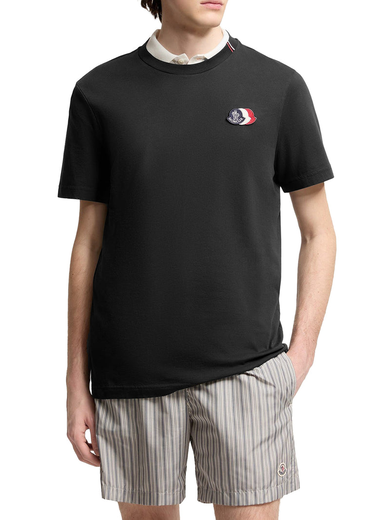 BLACK COTTON T-SHIRT WITH EMBROIDERED TRICOLOR LOGO