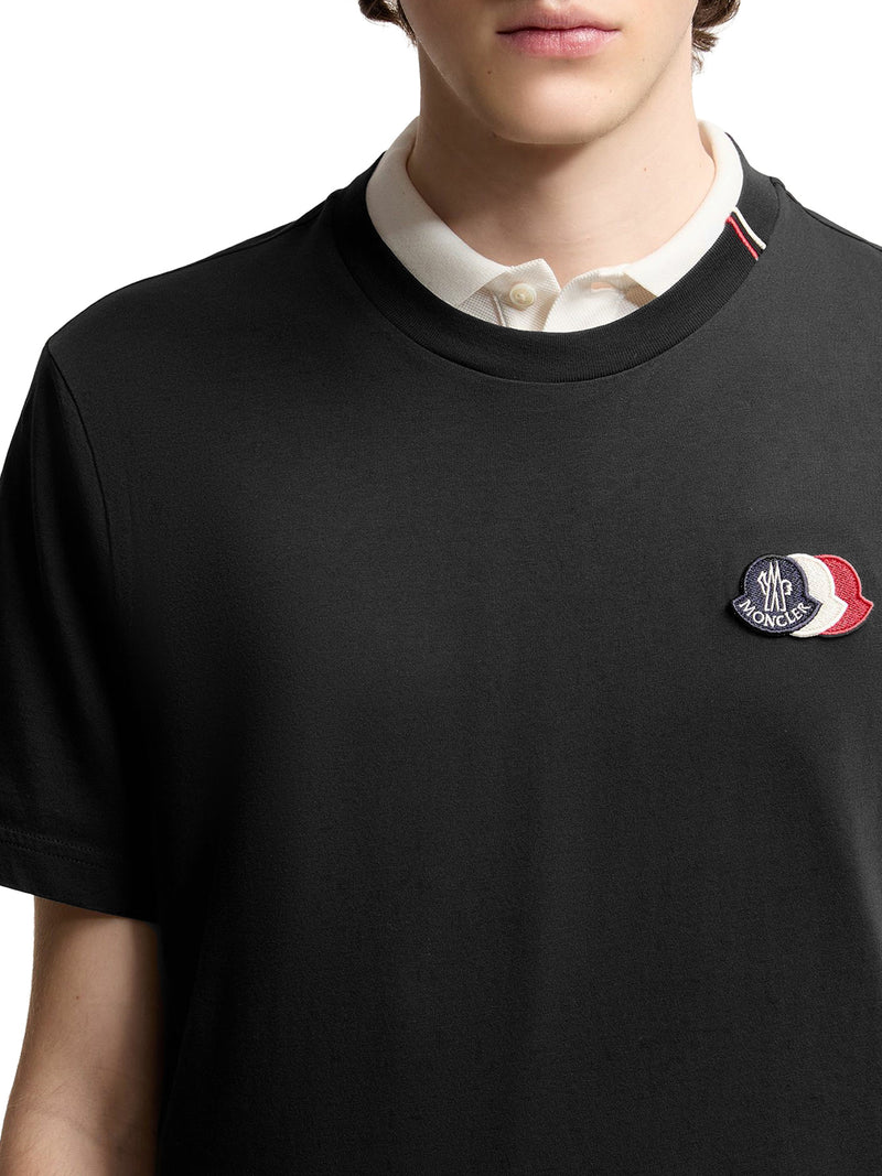 BLACK COTTON T-SHIRT WITH EMBROIDERED TRICOLOR LOGO