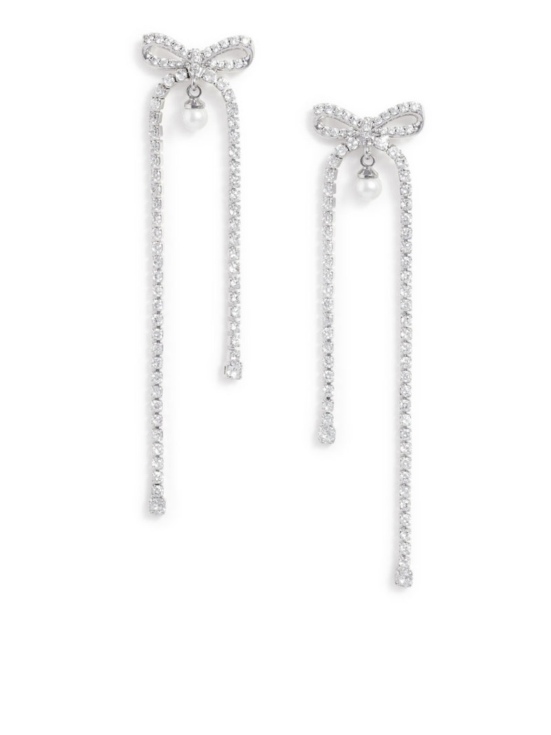 CRYSTAL AND PEARL BOW DANGLING EARRINGS