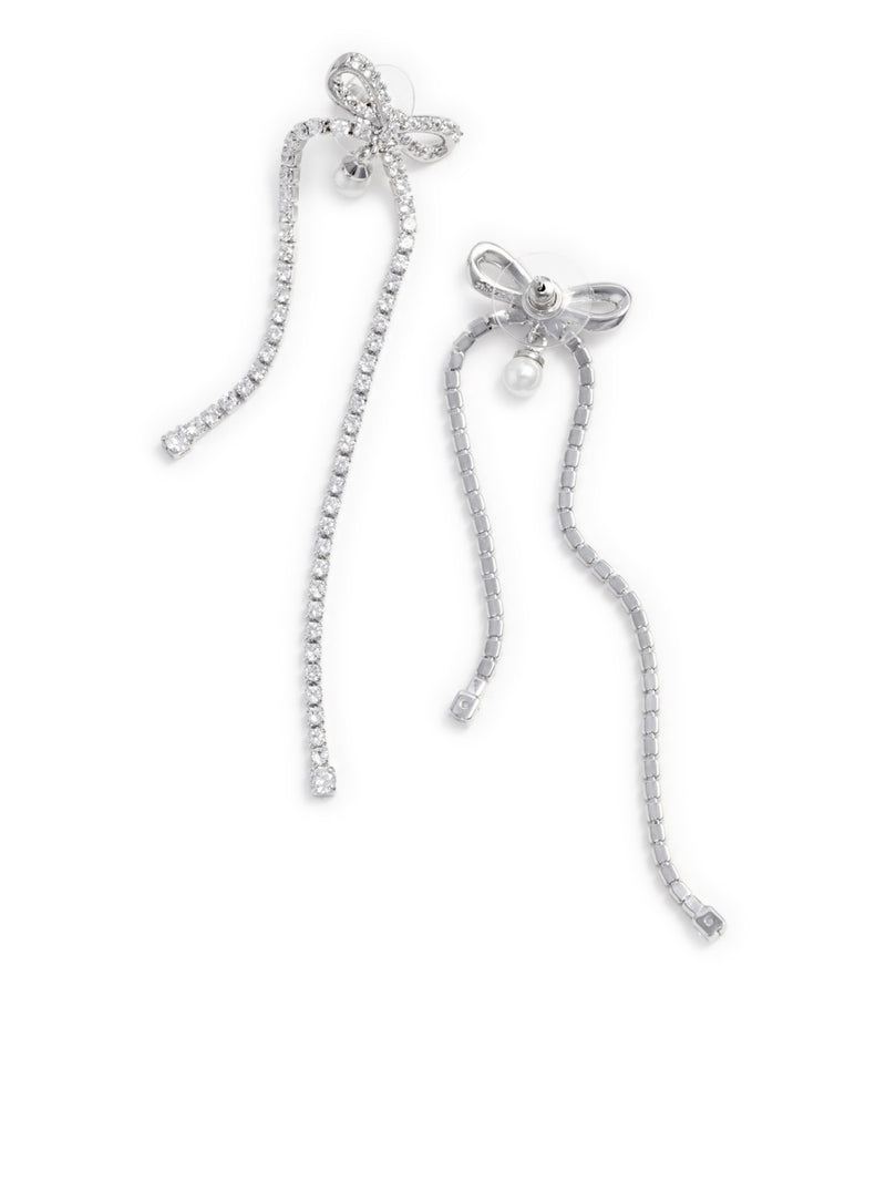 CRYSTAL AND PEARL BOW DANGLING EARRINGS