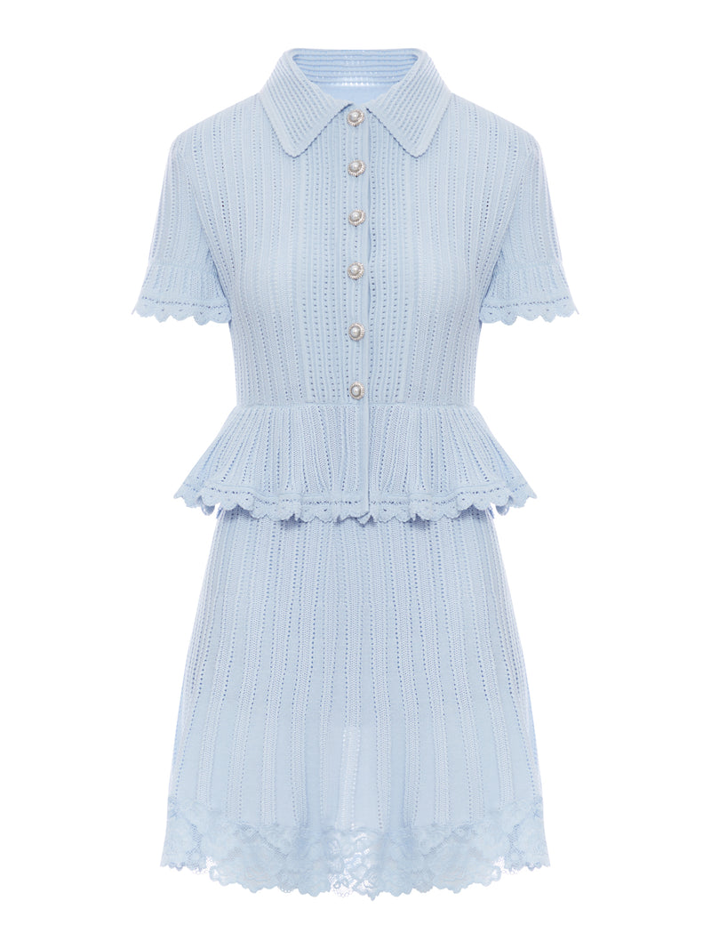 BLUE POINTELLE PEPLUM KNIT MINI DRESS