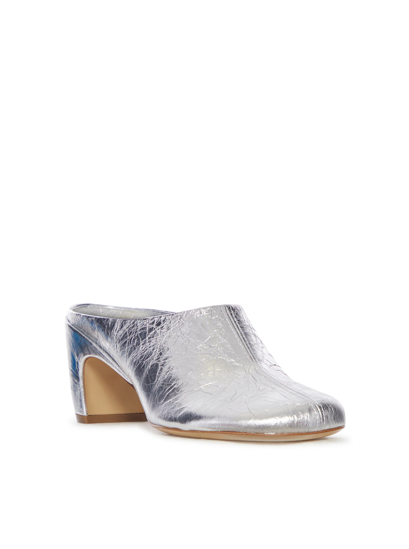 MULES IN LAMINATED LEATHER WITH METALLIC EFFECT