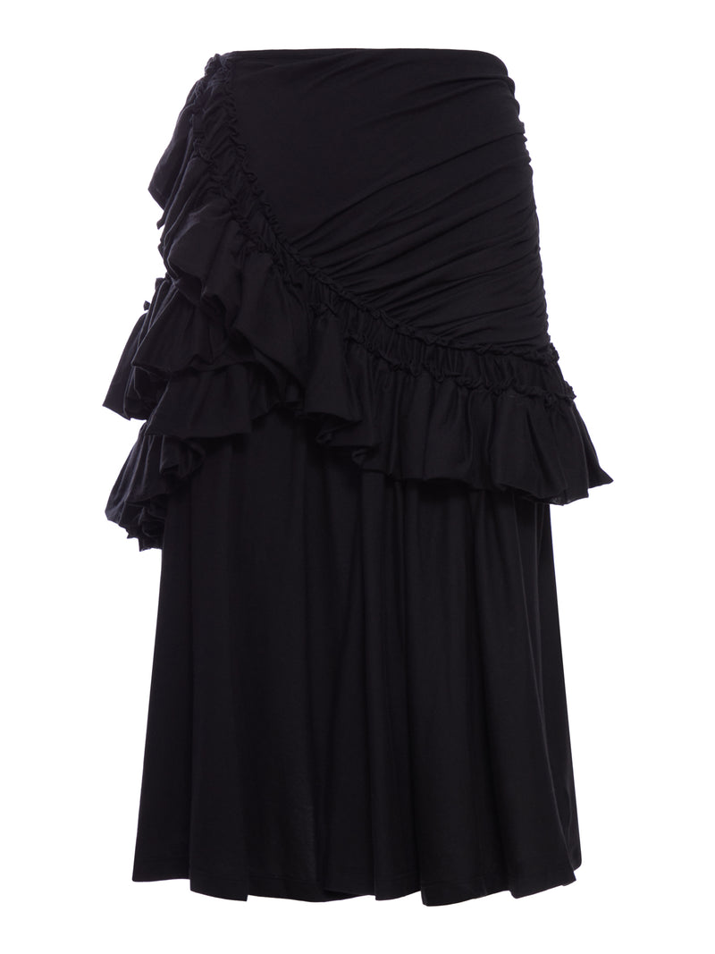 BLACK MIDI SKIRT WITH RUFFLES AND DRAPES