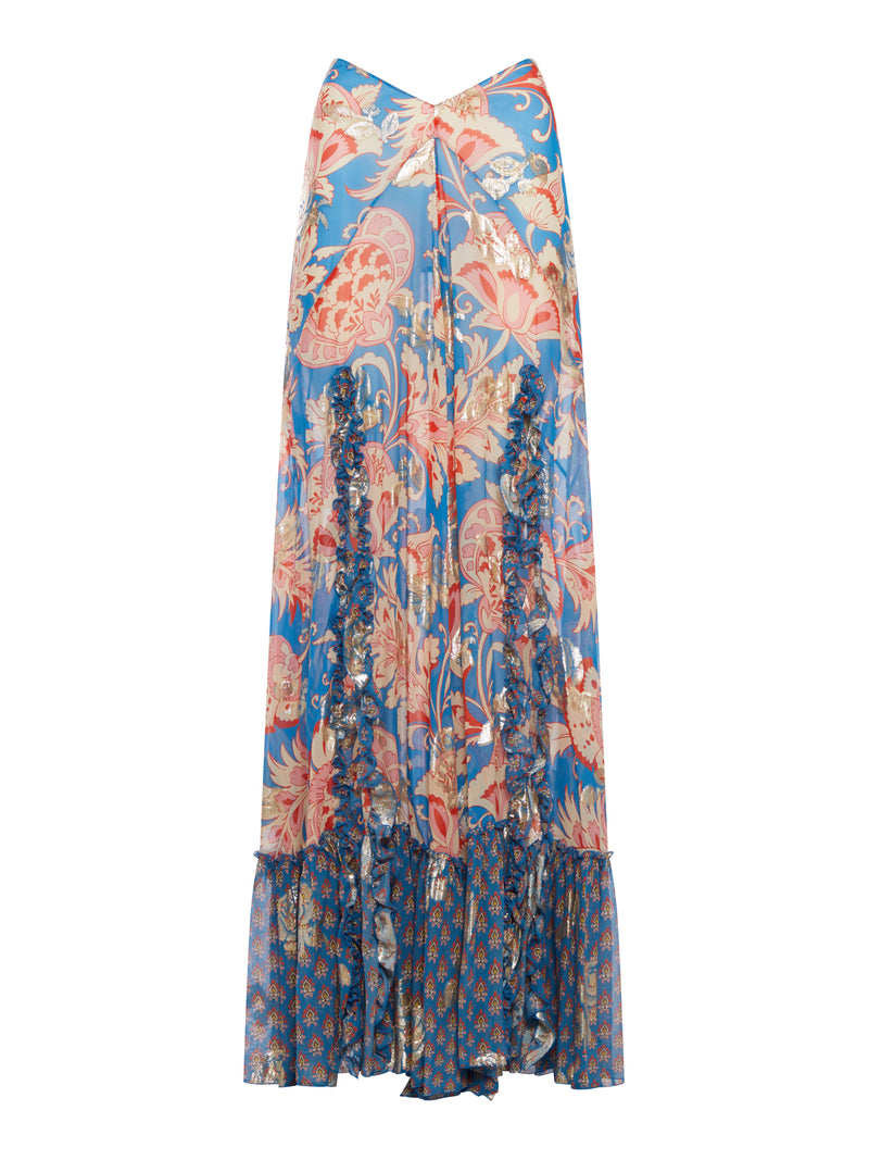 LONG PRINTED SILK SKIRT WITH GOLD LAMINATED DETAILS