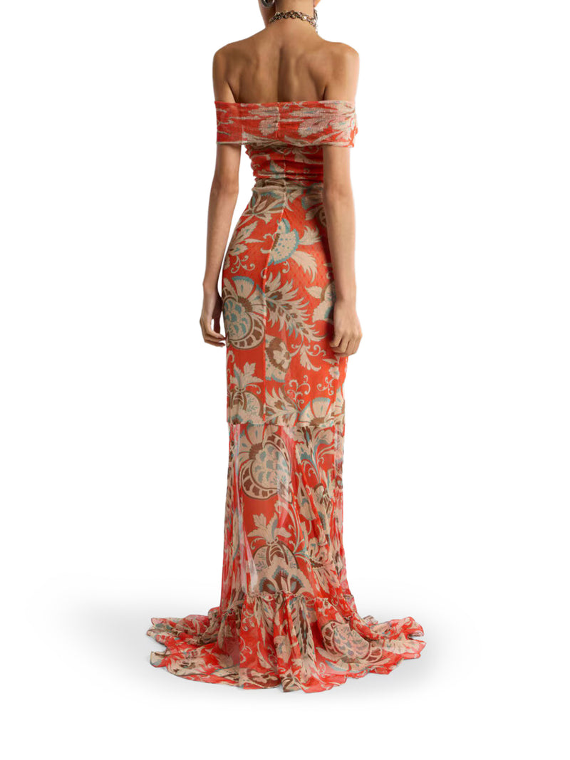 LONG DRESS WITH V-NECK AND RUFFLES