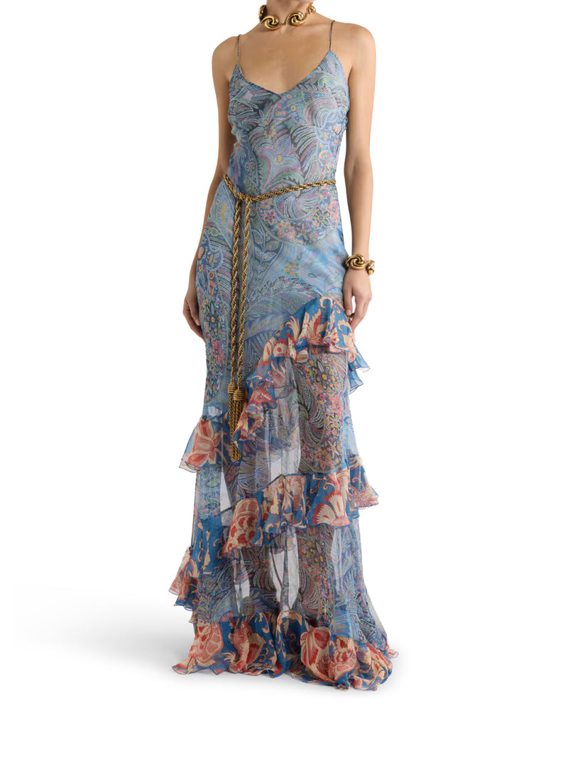 LONG SILK DRESS WITH RUFFLES AND FLORAL PATTERN