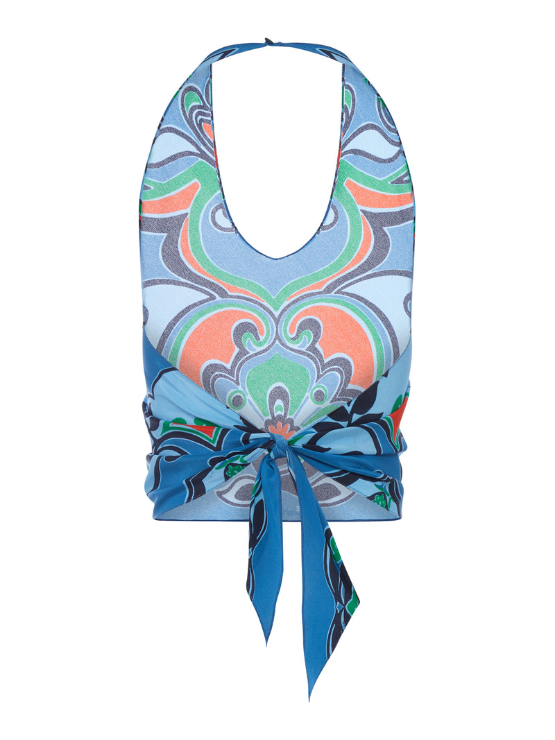 SILK HALTER TOP WITH ORNAMENTAL PRINT