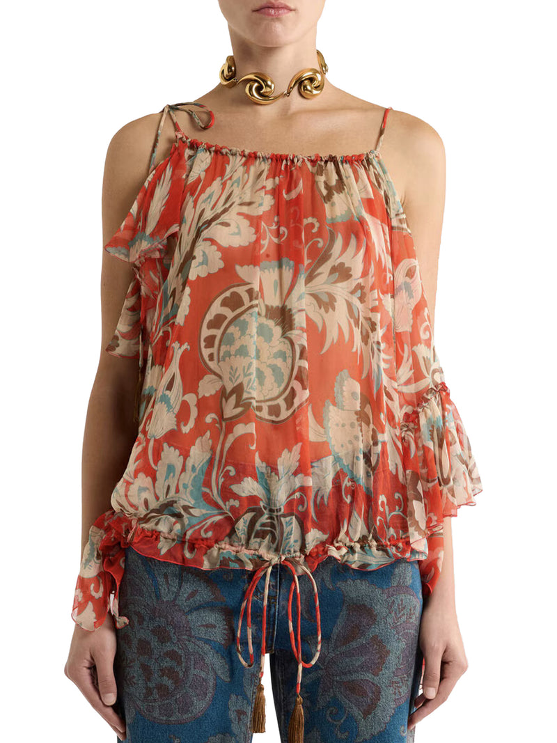 SINGLE-SLEEVED SILK TOP WITH FLORAL PATTERN