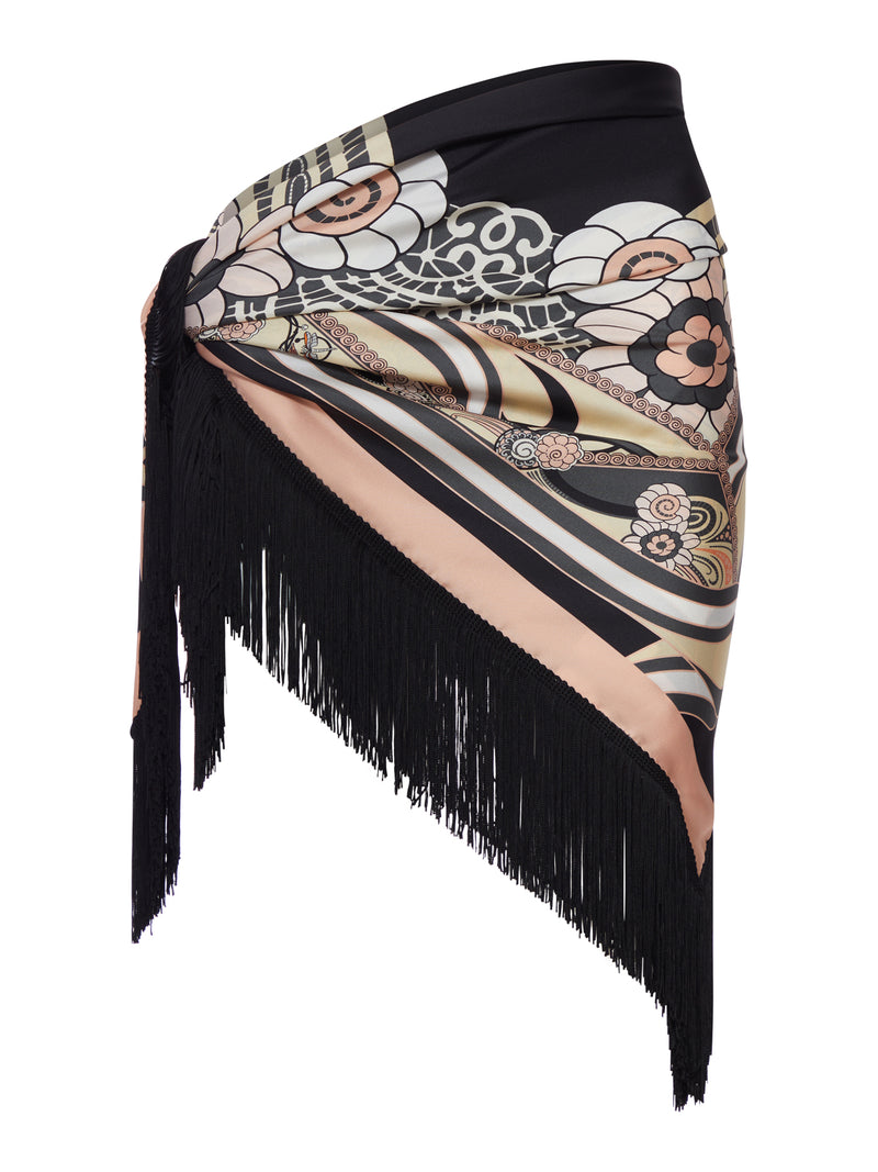 SILK SCARF WITH FRINGES AND ORNAMENTAL PRINT