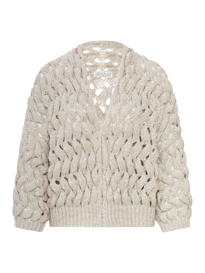 LINEN AND SILK BLEND KNITTED CARDIGAN WITH SEQUINS