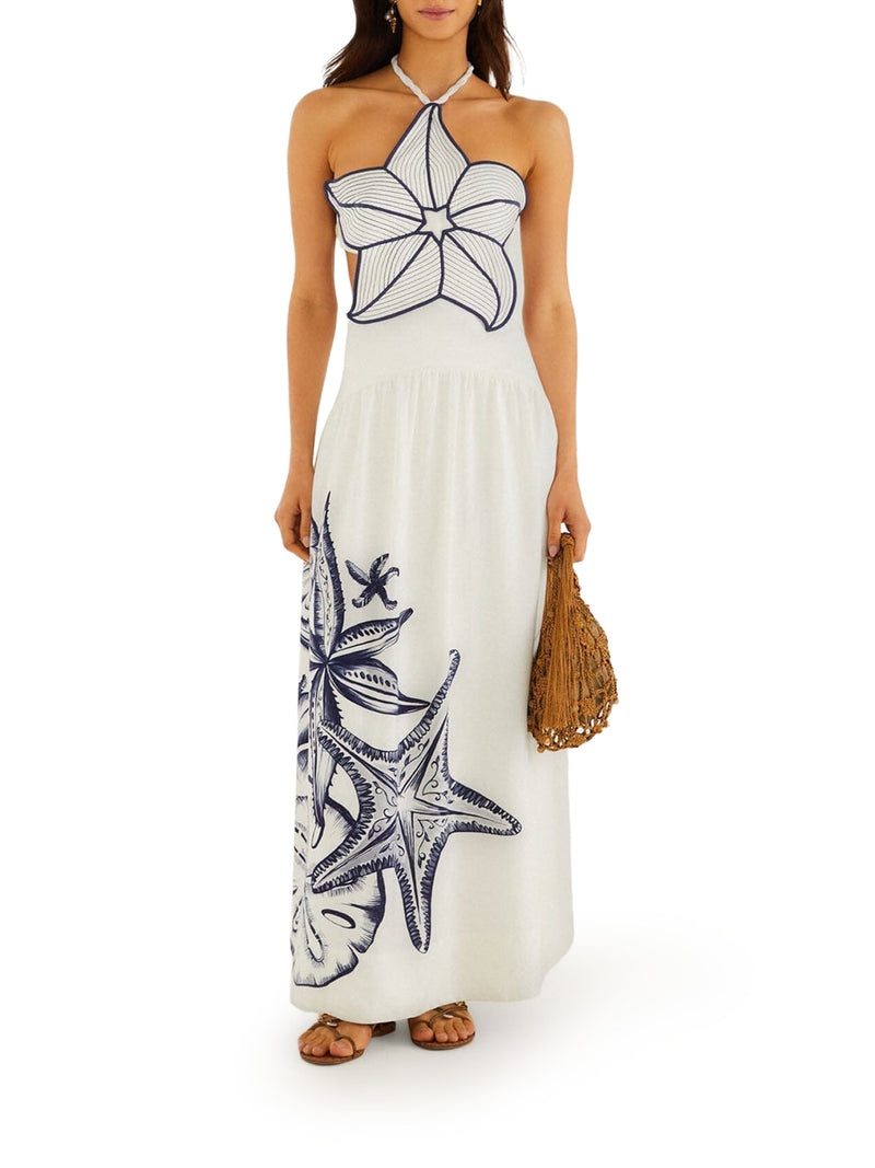 LONG HALTER DRESS WITH MARINE PRINT