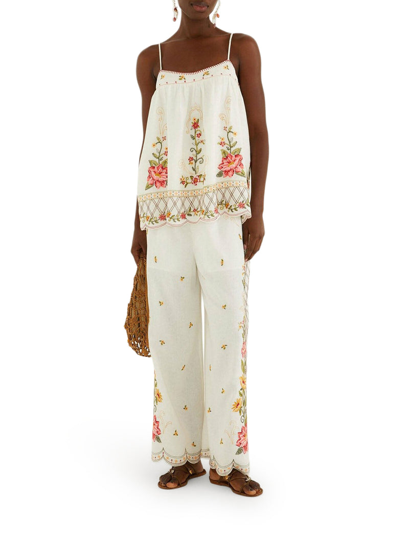 LINEN BLEND TOP WITH FLORAL EMBROIDERY