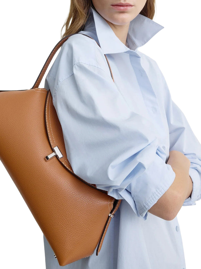 T-LOCK LEATHER BAG WITH CONTRASTING STITCHING