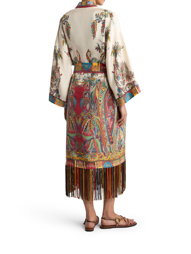 SILK DUSTER COAT WITH FRINGES AND PAISLEY FOLIAGE PRINT