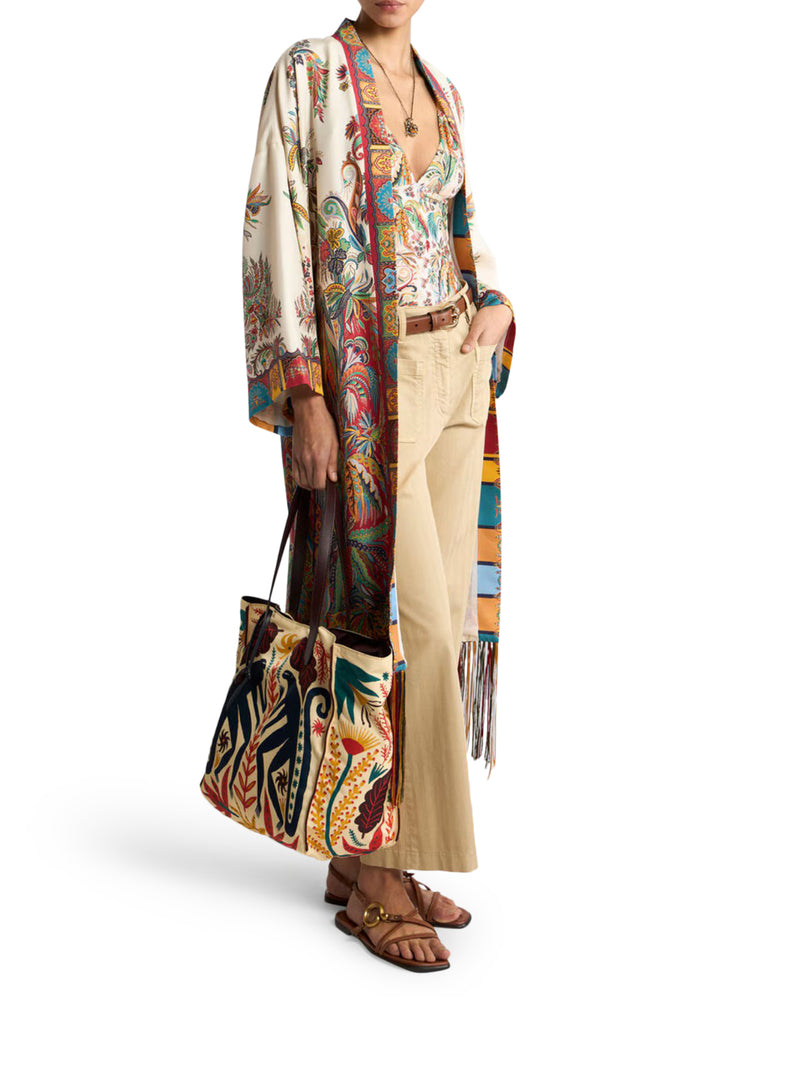 SILK DUSTER COAT WITH FRINGES AND PAISLEY FOLIAGE PRINT