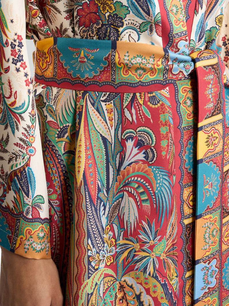 SILK DUSTER COAT WITH FRINGES AND PAISLEY FOLIAGE PRINT