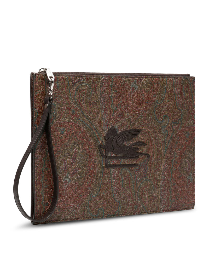BROWN PAISLEY JACQUARD CANVAS CLUTCH WITH LOGO EMBROIDERY ON THE FRONT AND WRIST STRAP