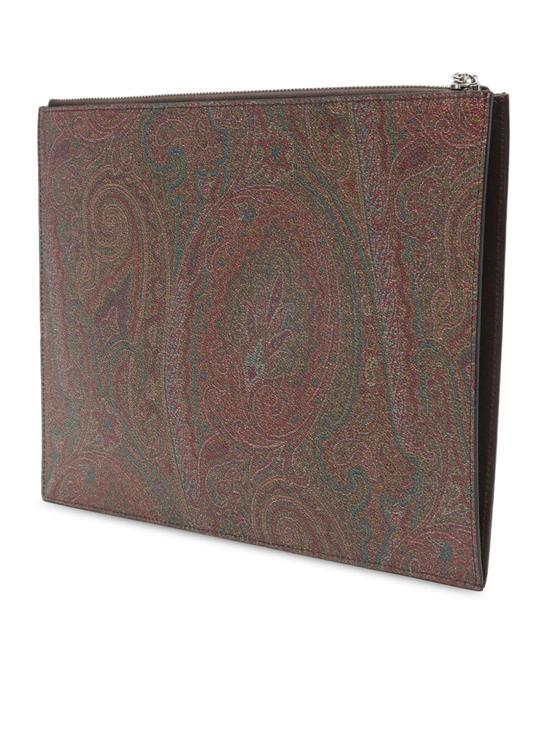 BROWN PAISLEY JACQUARD CANVAS CLUTCH WITH LOGO EMBROIDERY ON THE FRONT AND WRIST STRAP