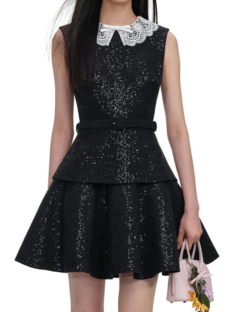 BLACK SEQUIN BOUCLE MINI DRESS