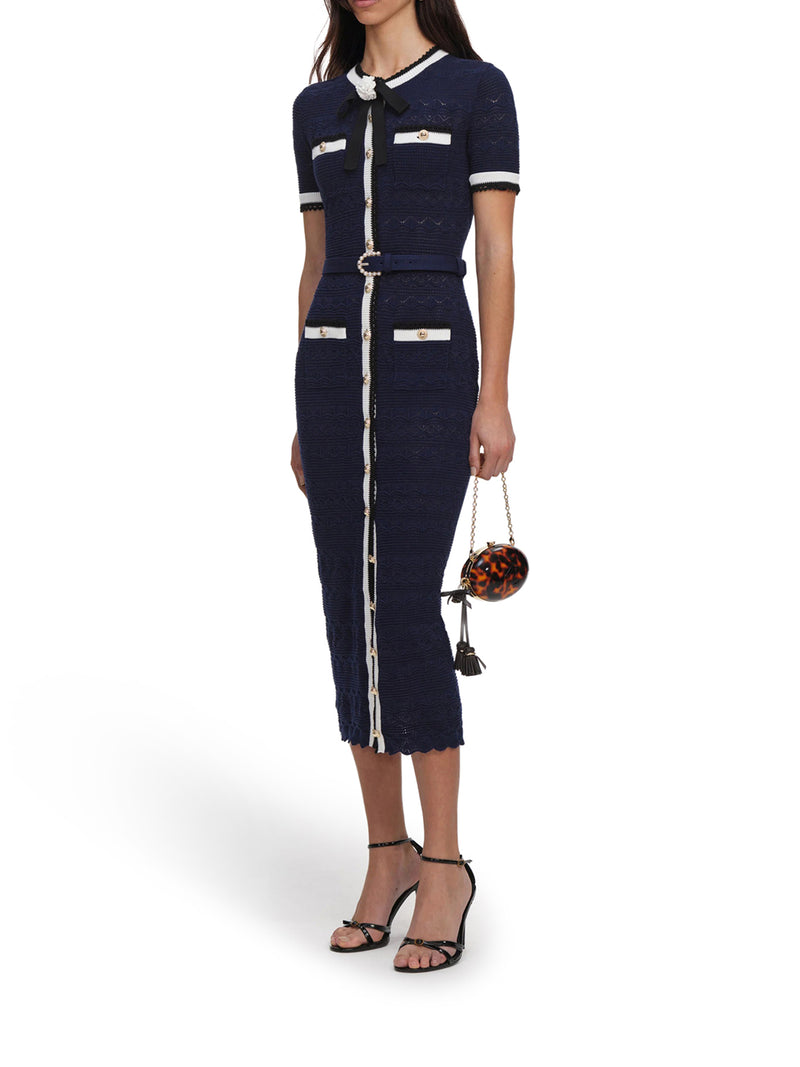 NAVY BLUE PERFORATED KNIT MIDI DRESS
