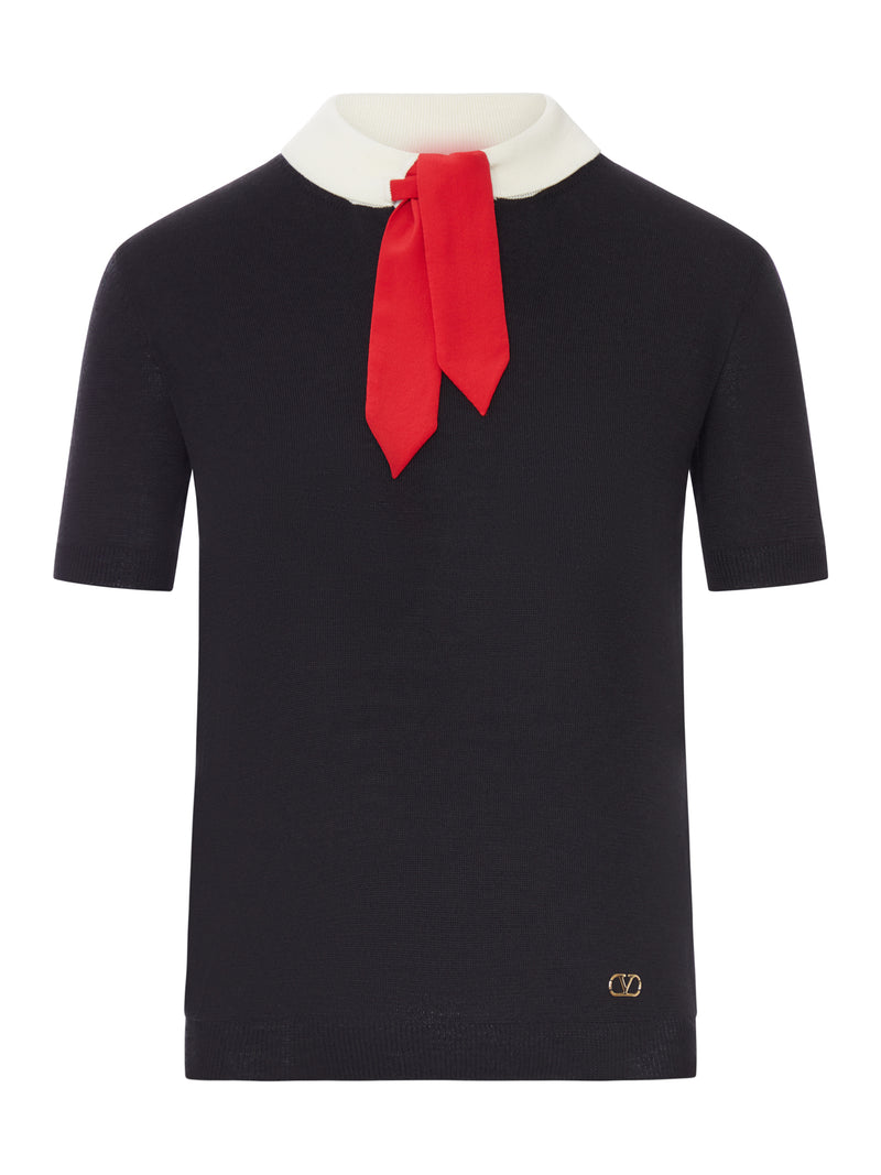 WOOL SWEATER WITH CONTRAST COLLAR AND BOW