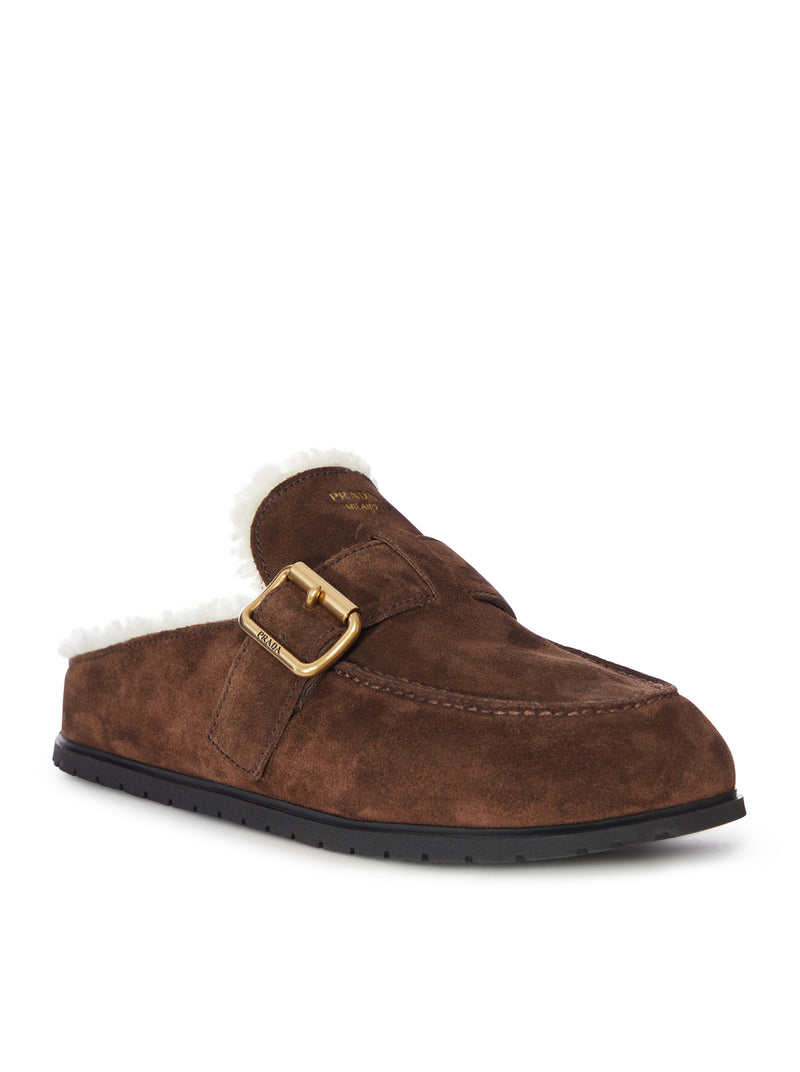 SUEDE AND SHEARLING MULE WITH BUCKLE