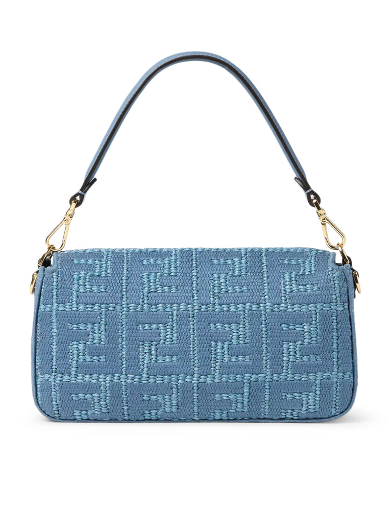 BAGUETTE BAG IN WOVEN RAFFIA WITH BLUE FF EMBROIDERY