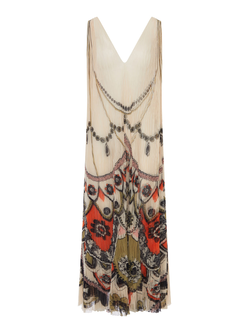 LONG PLEATED DRESS WITH ORNAMENTAL PRINT