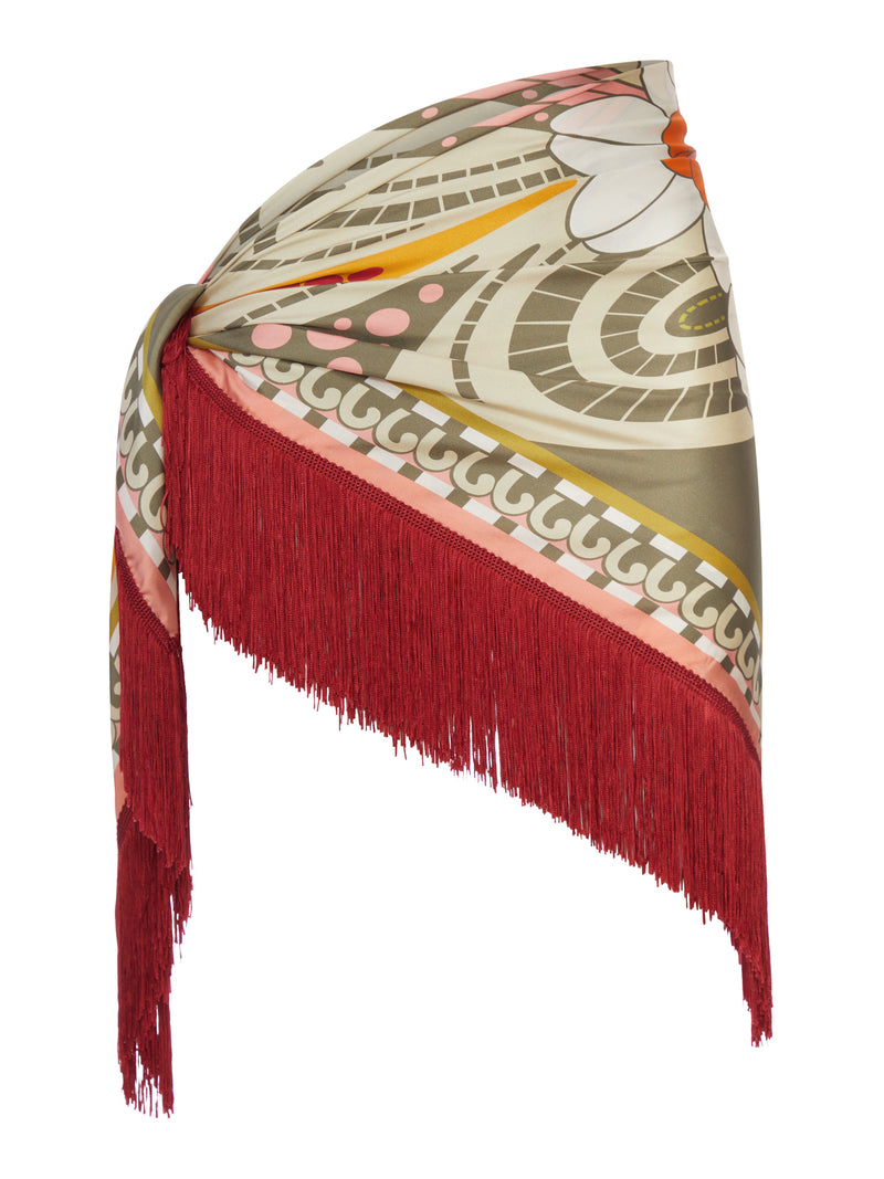 SILK SCARF WITH FRINGES AND ORNAMENTAL PRINT